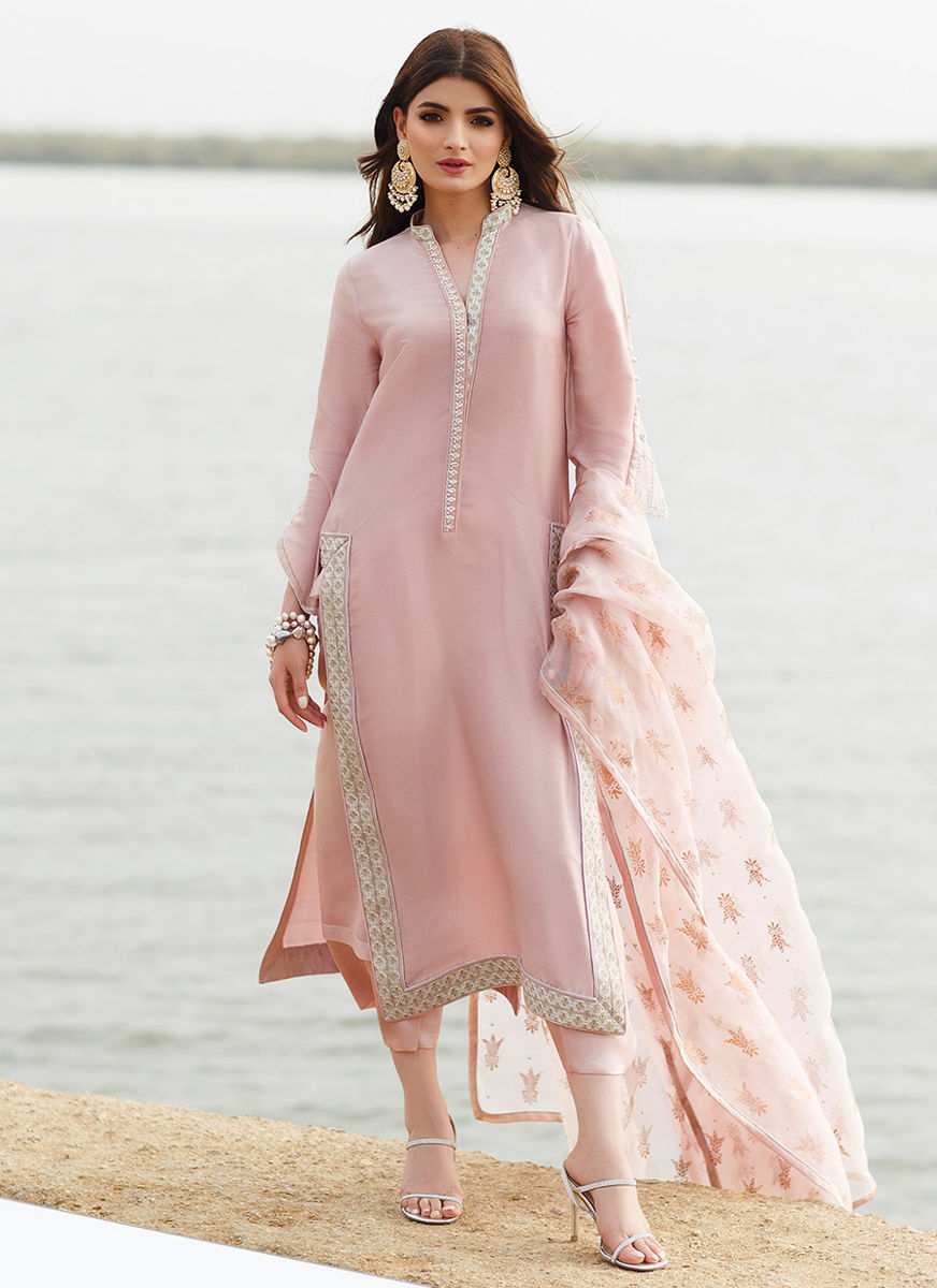Tissue Pink Column Shirt With Dupatta