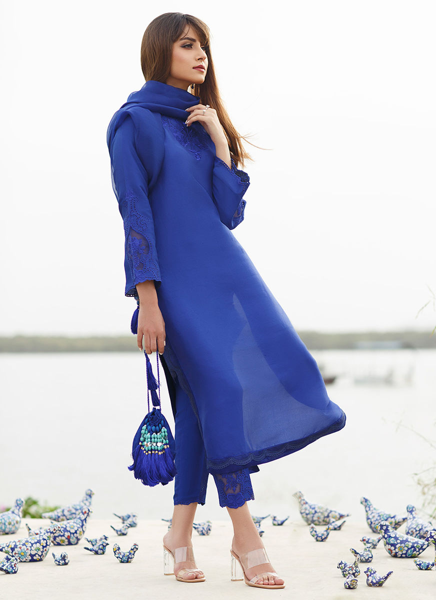 Egyption Blue Column Shirt With Pure Organza Embroidered Dupatta