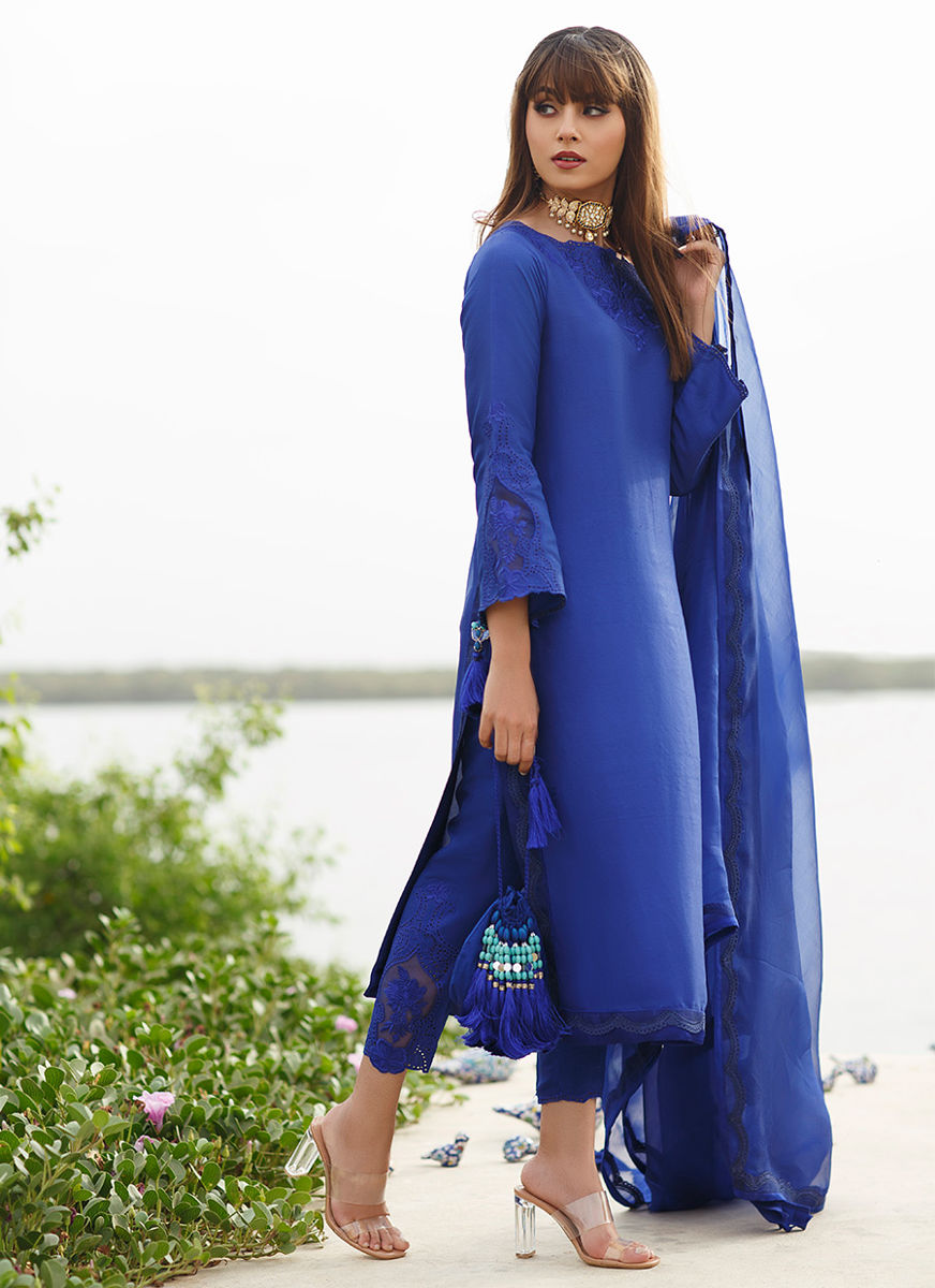 Egyption Blue Column Shirt With Pure Organza Embroidered Dupatta