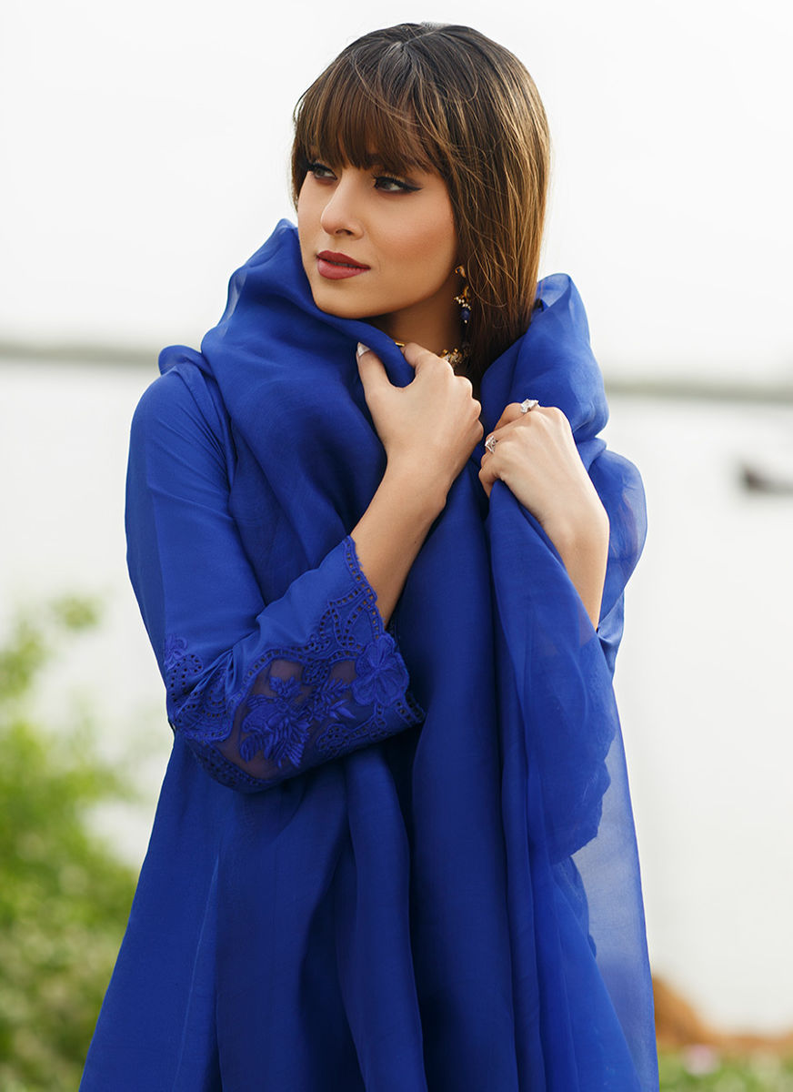 Egyption Blue Column Shirt With Pure Organza Embroidered Dupatta
