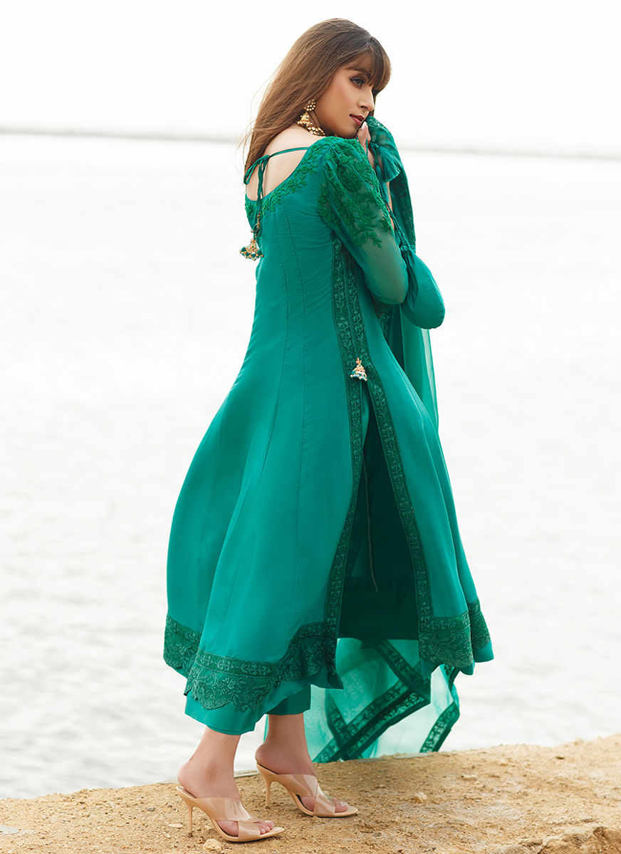 Emerald Silk Kalidaar With Pure Organza Embroidered Dupatta