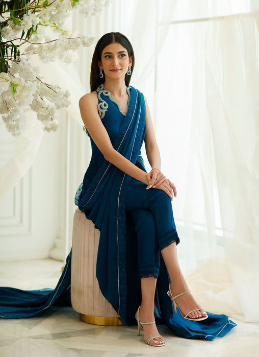 Aztec Blue Saree with Pants
