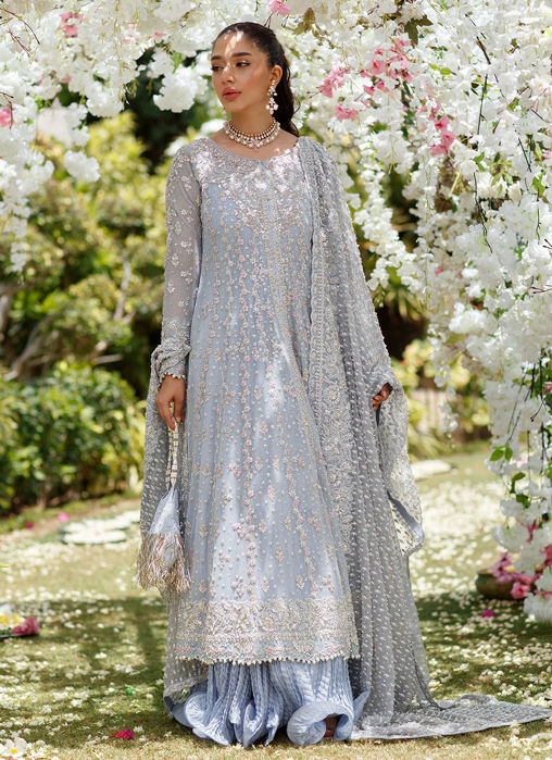 Clem Cornflower Blue Kallidaar Bridal With Heavily Embellished Dupatta And Crushed Swirl Maxi