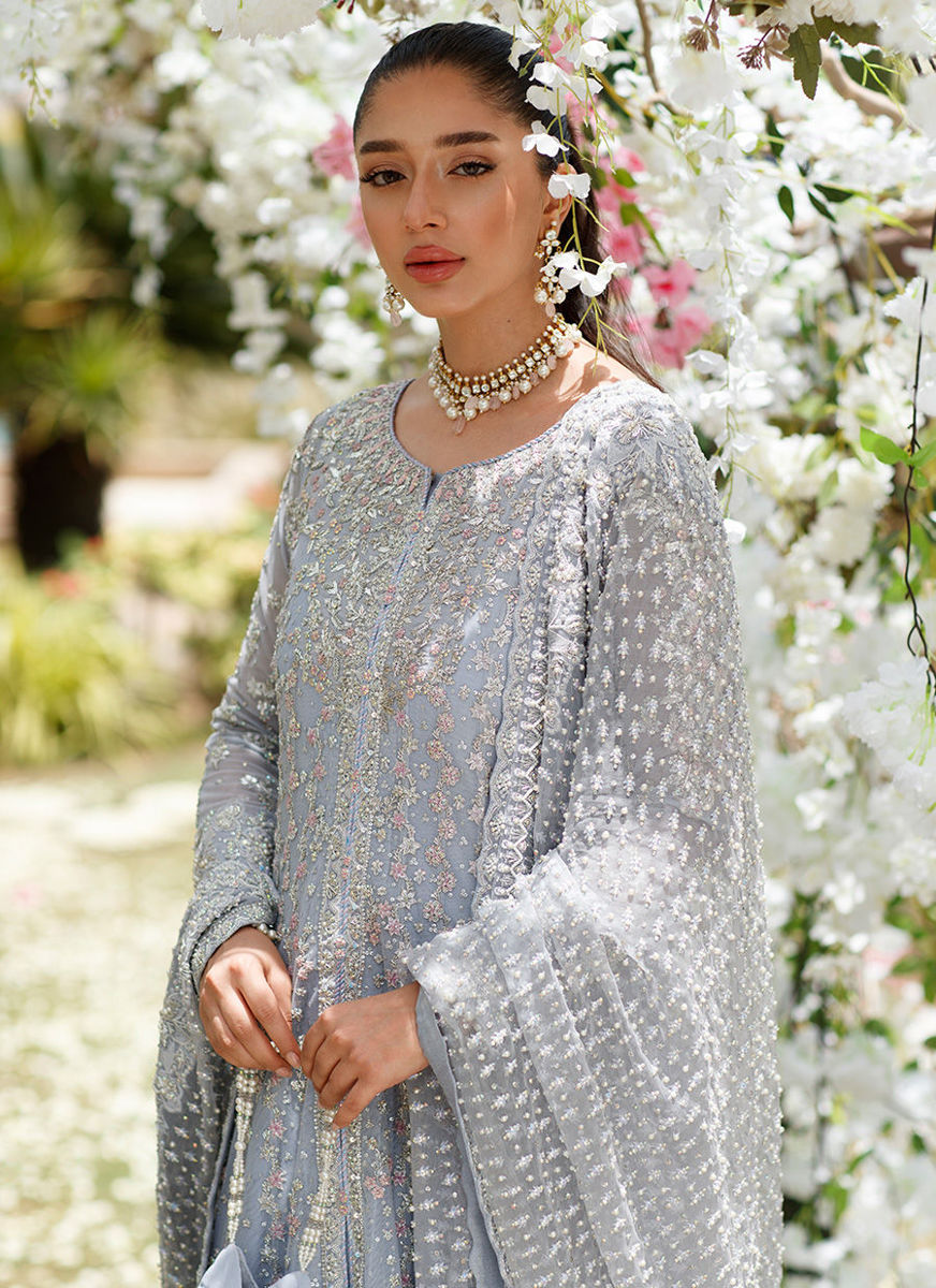 Clem Cornflower Blue Kallidaar Bridal With Heavily Embellished Dupatta And Crushed Swirl Maxi