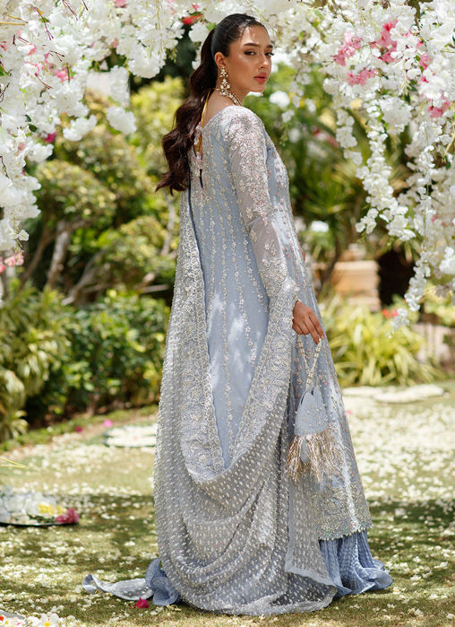Clem Cornflower Blue Kallidaar Bridal With Heavily Embellished Dupatta And Crushed Swirl Maxi