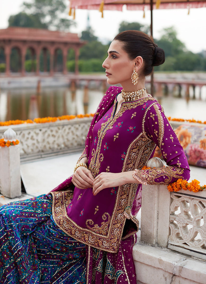 Alizeh Mehndi Aubergine Short Shirt And Dhaakha