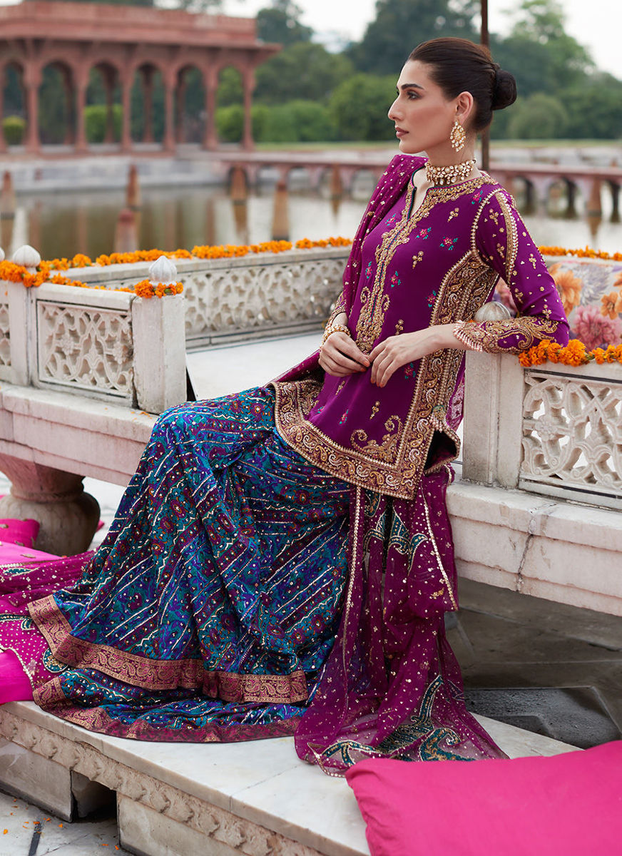 Alizeh Mehndi Aubergine Short Shirt And Dhaakha