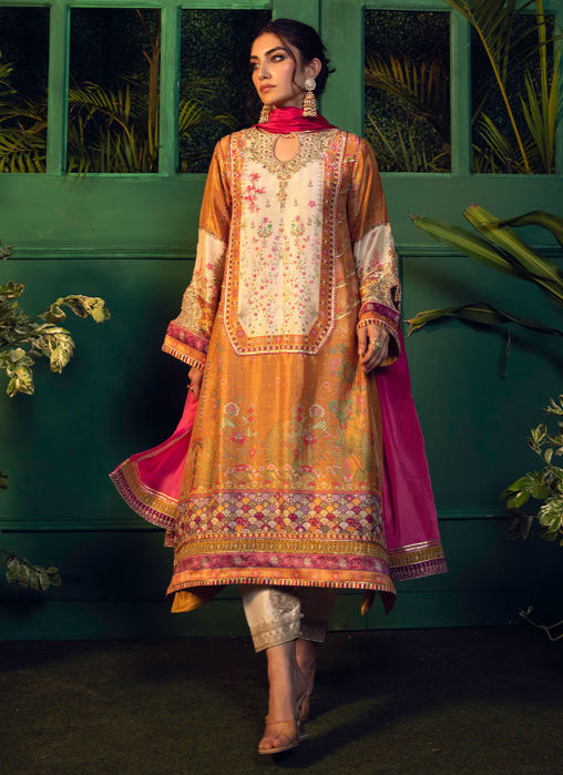 Picture of Roshan Printed Raw Silk Kurta With Silk Ombre Dupatta