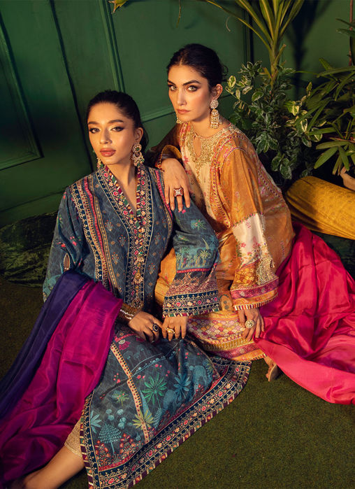 Roshan Printed Raw Silk Kurta With Silk Ombre Dupatta