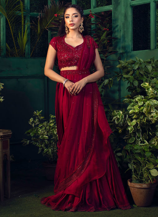 Roya Scarlett Draped Lengha Choli