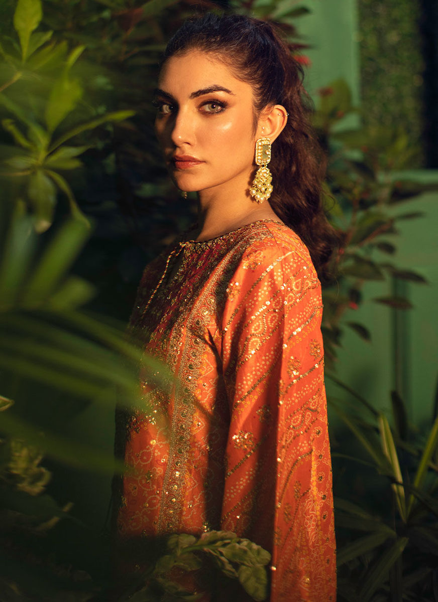 Sima Orange And Red Chunri Kurta  With Chunri Dupatta