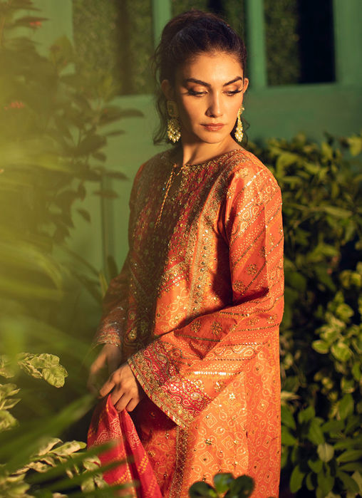 Sima Orange And Red Chunri Kurta  With Chunri Dupatta