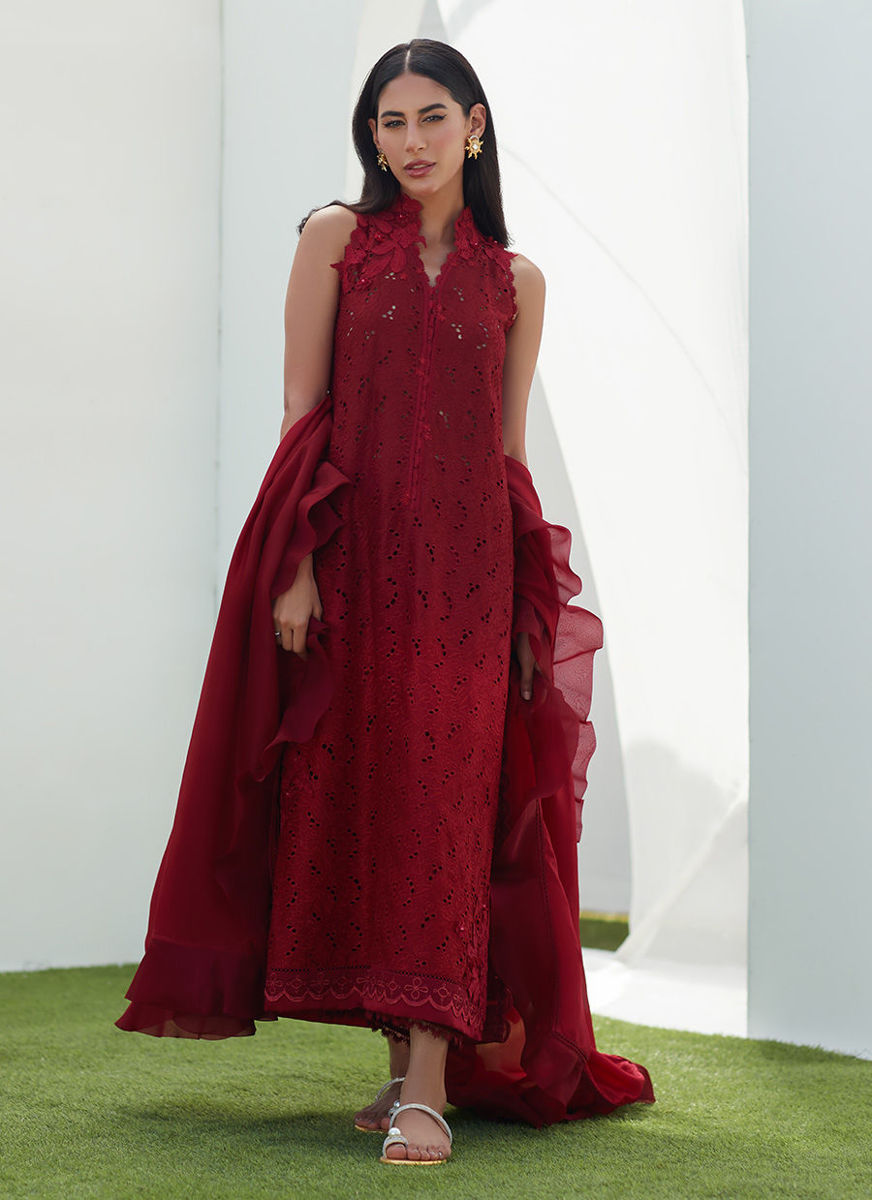 Selah Scarlett Ombre Silk Cutwork Shirt And Dupatta