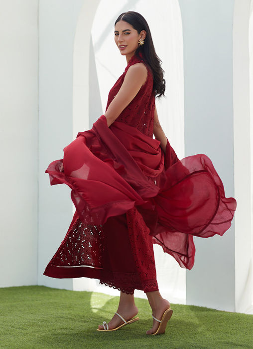 Selah Scarlett Ombre Silk Cutwork Shirt And Dupatta