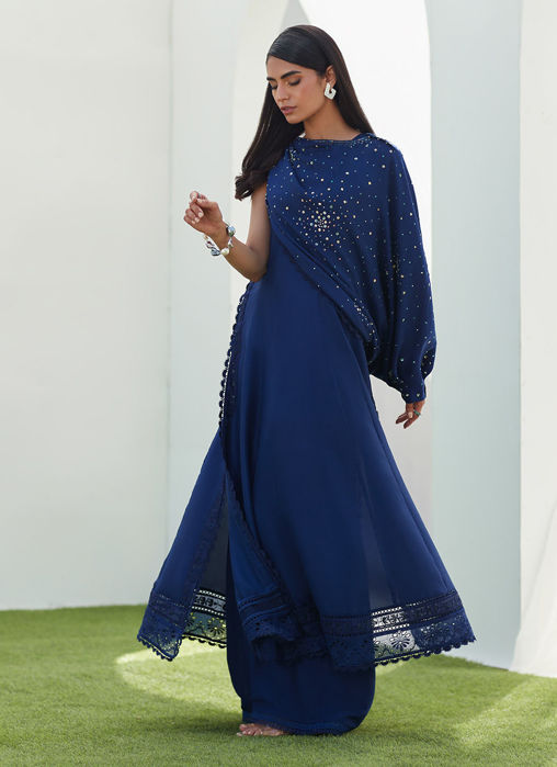 Zennie Midnight Silk Paneled Shirt With Cape