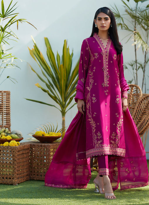Prim Magenta Silk Embroidered Shirt And Dupatta