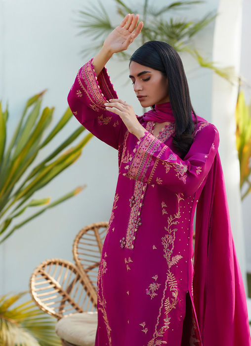Prim Magenta Silk Embroidered Shirt And Dupatta