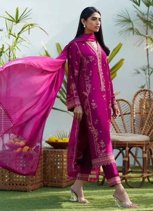 Prim Magenta Silk Embroidered Shirt And Dupatta