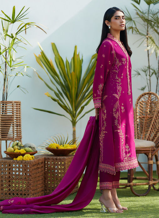 Prim Magenta Silk Embroidered Shirt And Dupatta