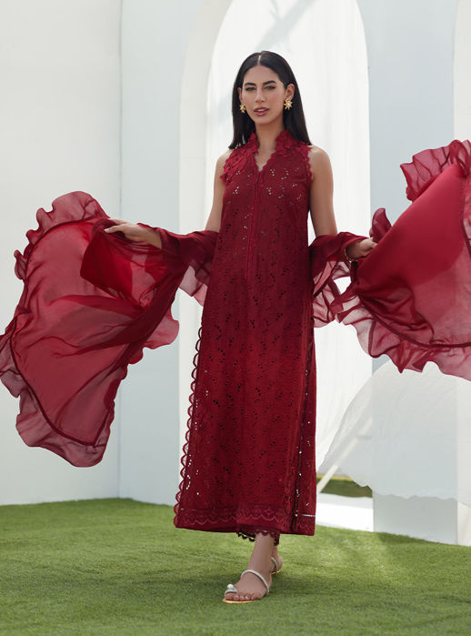 Selah Scarlett Ombre Silk Cutwork Shirt And Dupatta