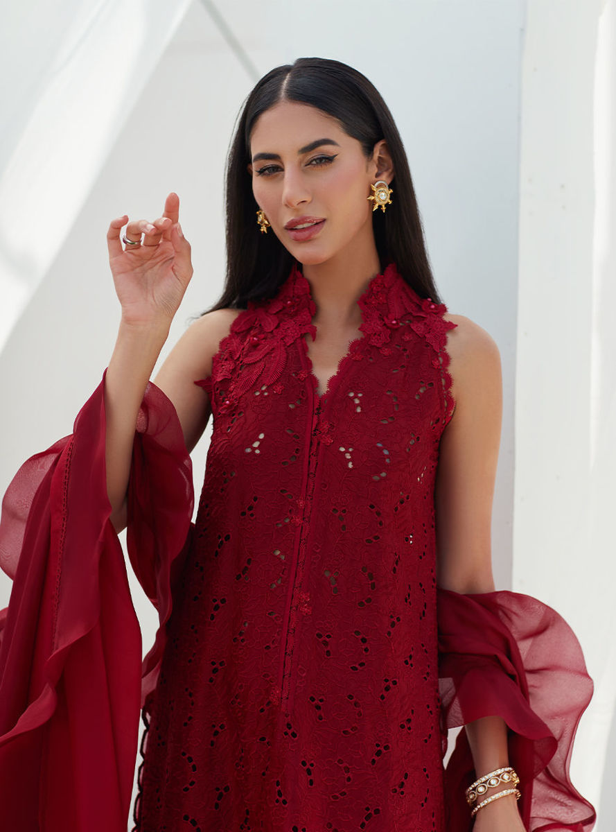 Selah Scarlett Ombre Silk Cutwork Shirt And Dupatta