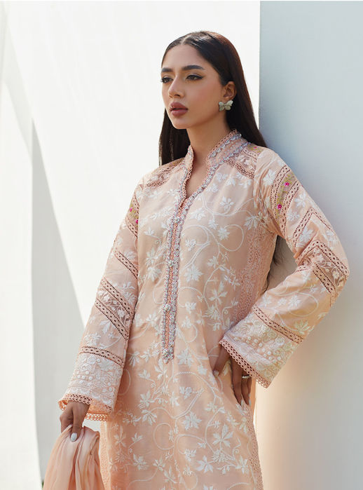 Dawn Peach Embroidered Silk Shirt And Dupatta