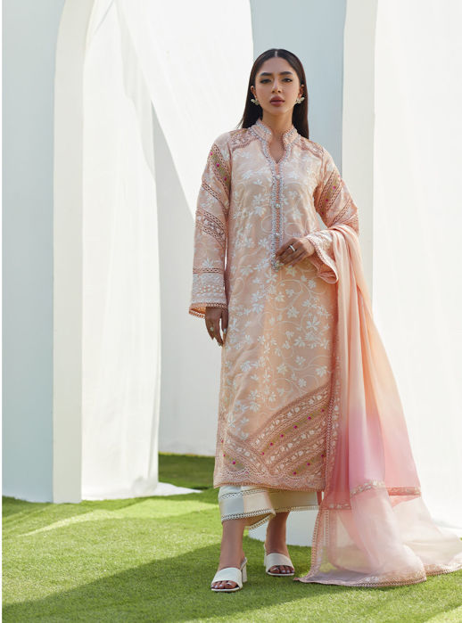 Dawn Peach Embroidered Silk Shirt And Dupatta