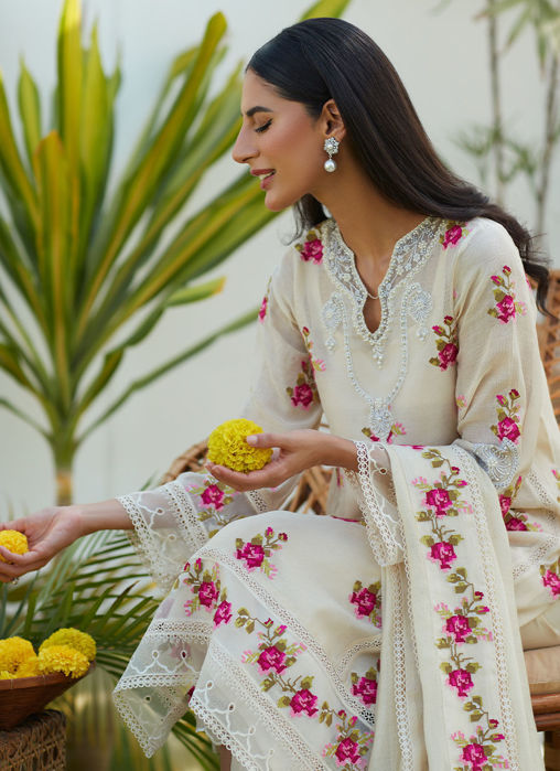 Lggy Ivory Rose Cross Stitch Shirt And Dupatta