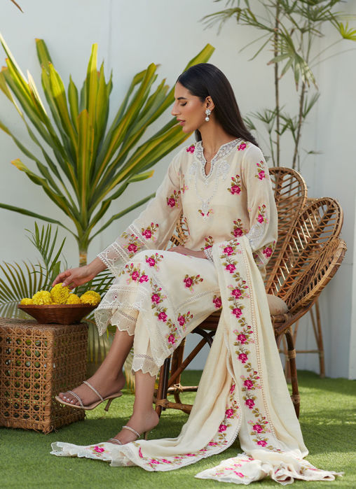 Lggy Ivory Rose Cross Stitch Shirt And Dupatta