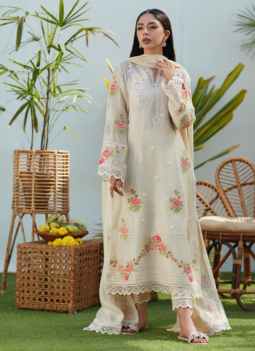April Ivory Cross Stitch Cotton Net Shirt And Dupatta