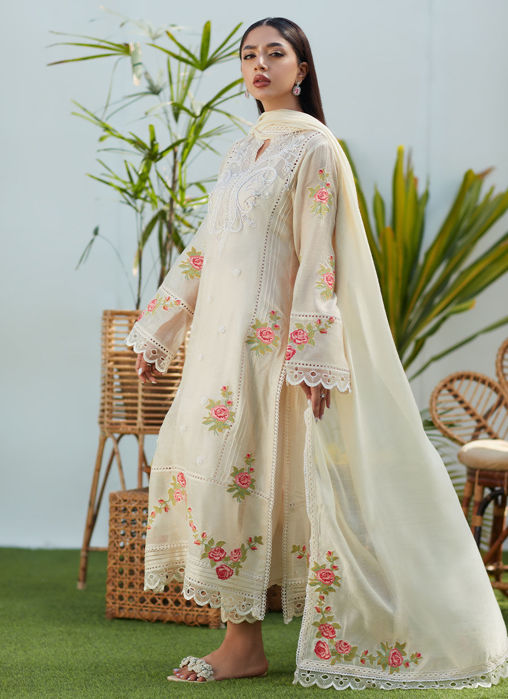 April Ivory Cross Stitch Cotton Net Shirt And Dupatta