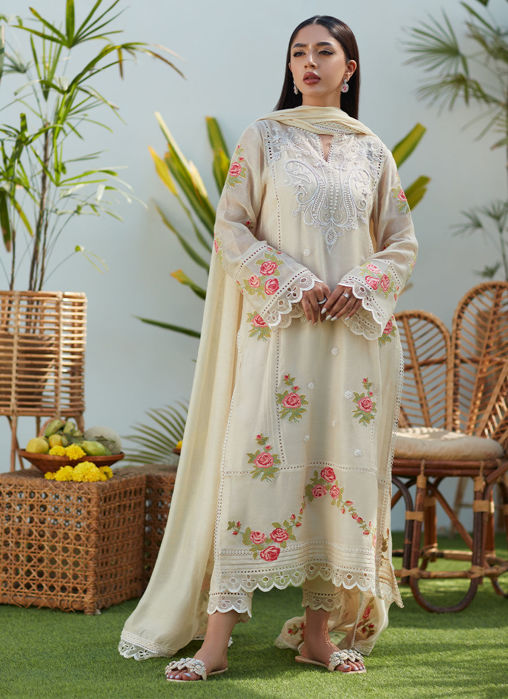 April Ivory Cross Stitch Cotton Net Shirt And Dupatta