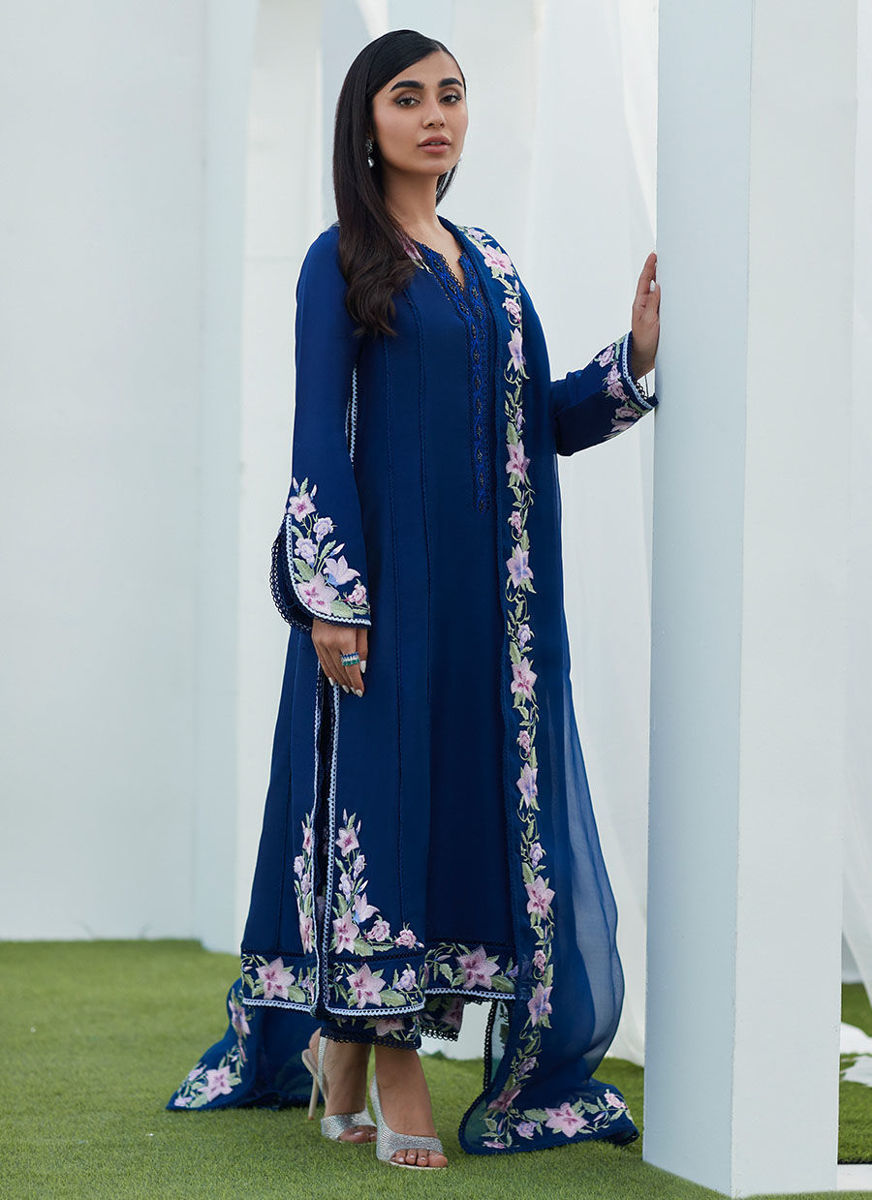 Han Navy Embroidered Shirt And Dupatta