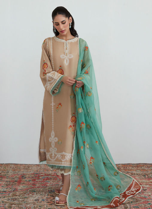 Latte Embroidered Shirt With Organza Dupatta