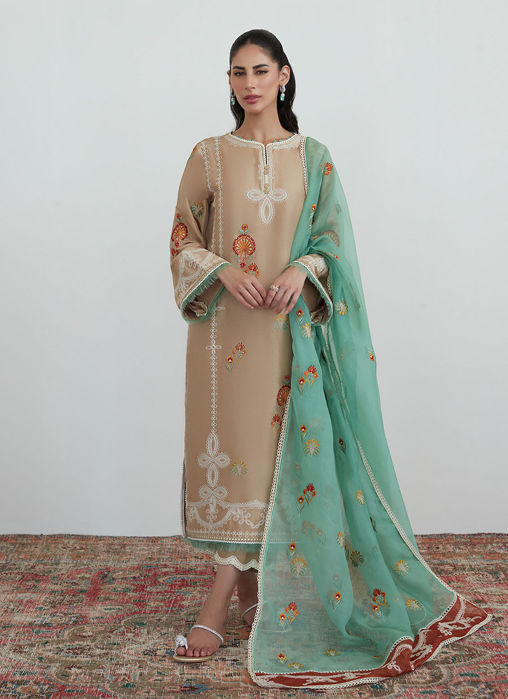 Latte Embroidered Shirt With Organza Dupatta