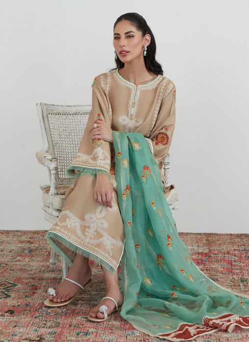 Latte Embroidered Shirt With Organza Dupatta