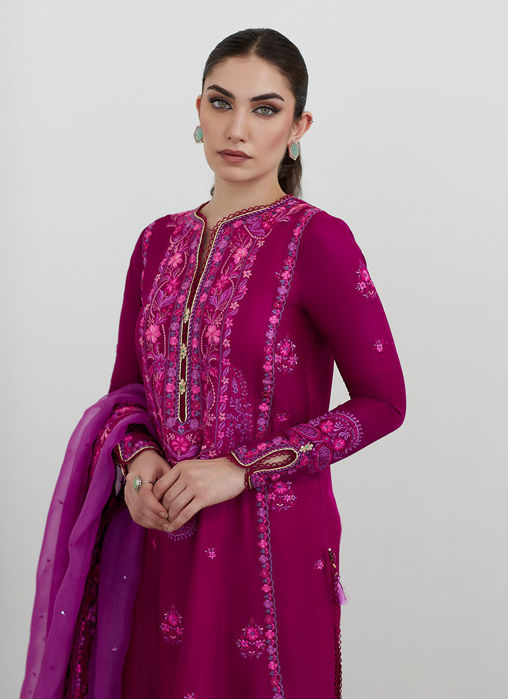 Catelyn Fuchsia Embroidered Shirt With Organza Dupatta
