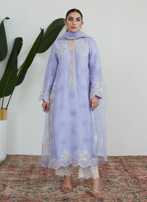 Olenna Periwinkle Embroidered Shirt With Organza Dupatta