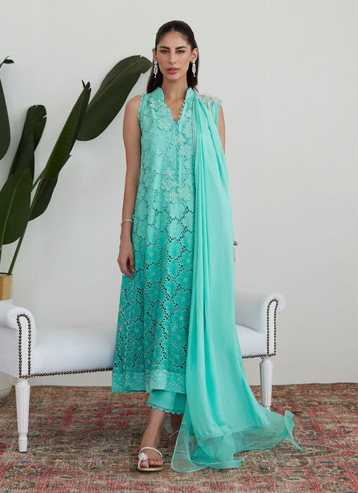 Tiffany Aqua Silk Cutwork with Pre Draped Dupatta