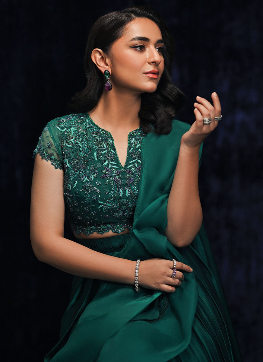 Yumna Emerald Pre-Draped Lehnga Saree