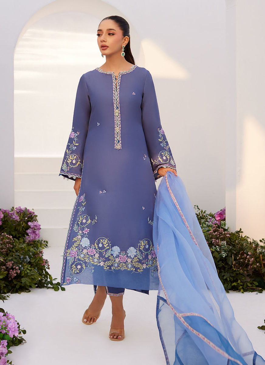 Alo Blue Embroidered Shirt And Dupatta