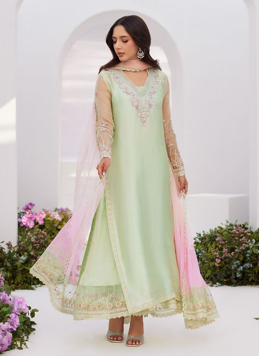 Picture of Collette Mint Ombre Embellished Column Kalidaar With Embroidered Slip And Dupatta