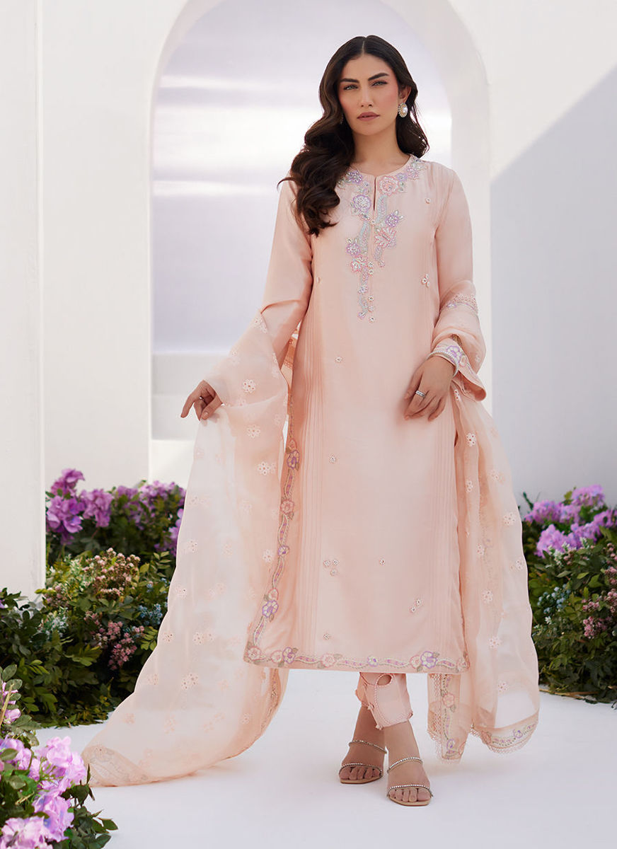 Elea Peach Embroidered Raw Silk Shirt And Dupatta