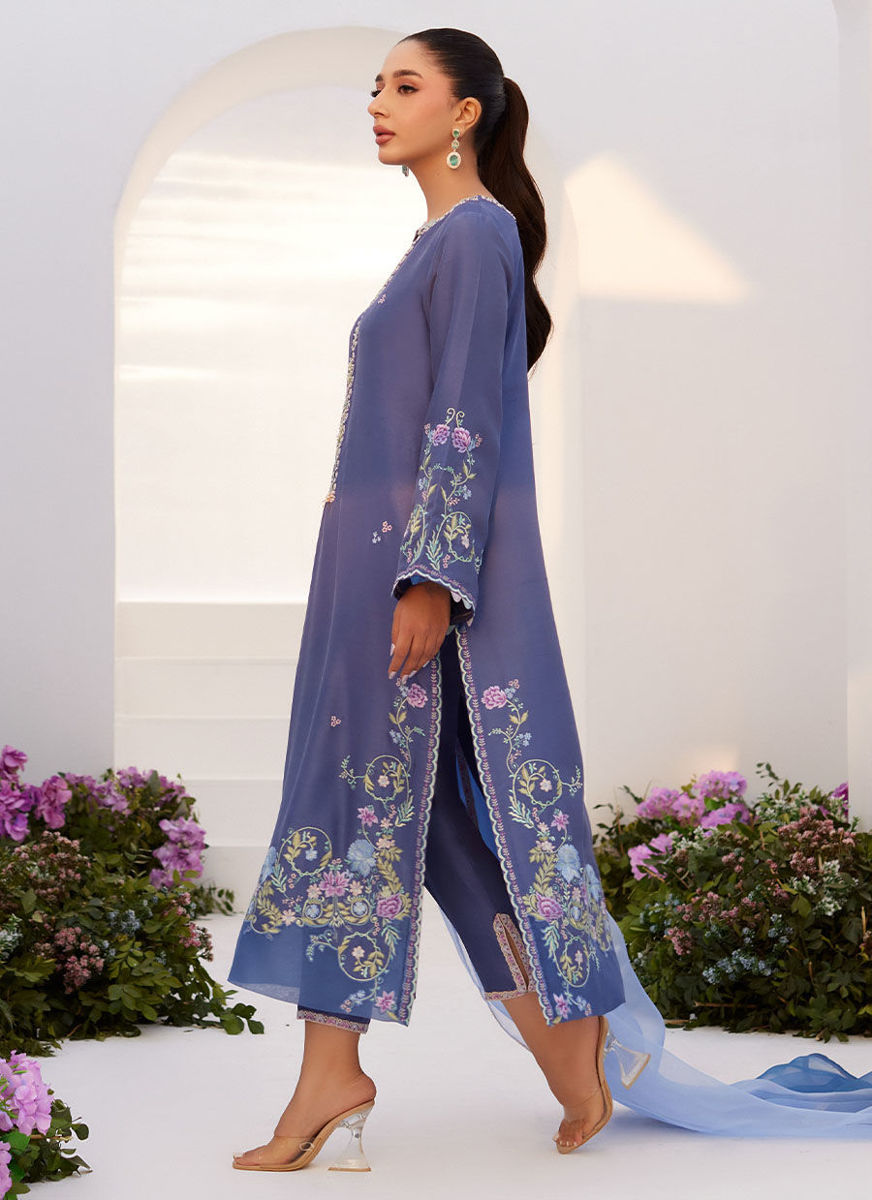 Alo Blue Embroidered Shirt And Dupatta