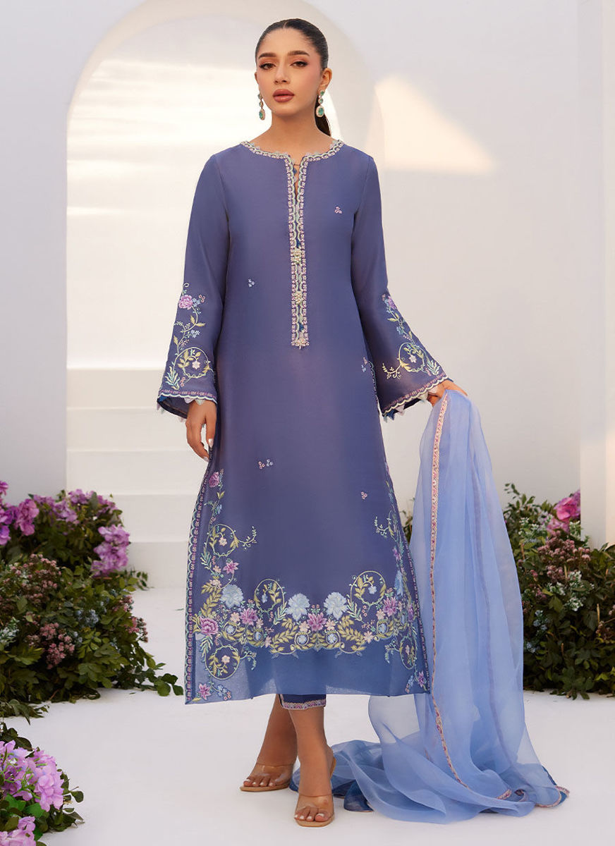 Alo Blue Embroidered Shirt And Dupatta