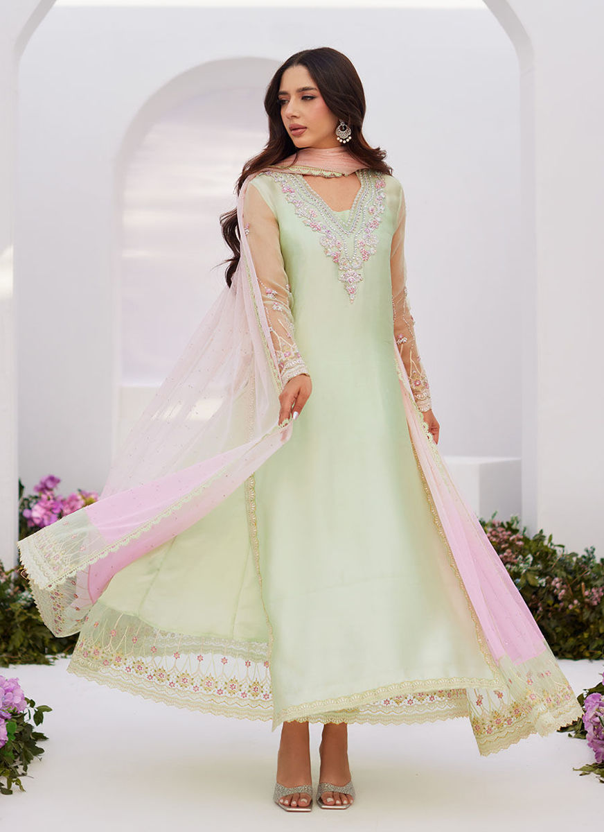 Collette Mint Ombre Embellished Column Kalidaar With Embroidered Slip And Dupatta