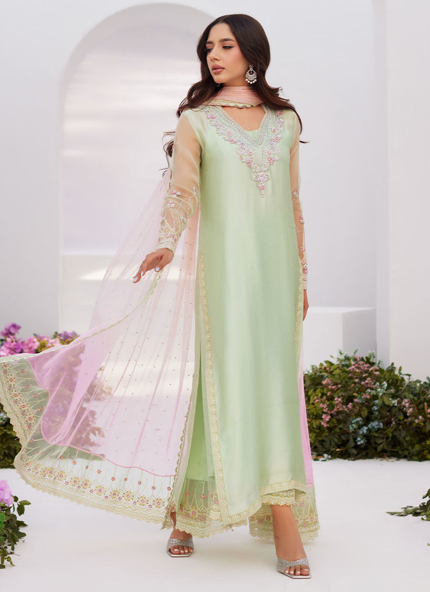 Collette Mint Ombre Embellished Column Kalidaar With Embroidered Slip And Dupatta