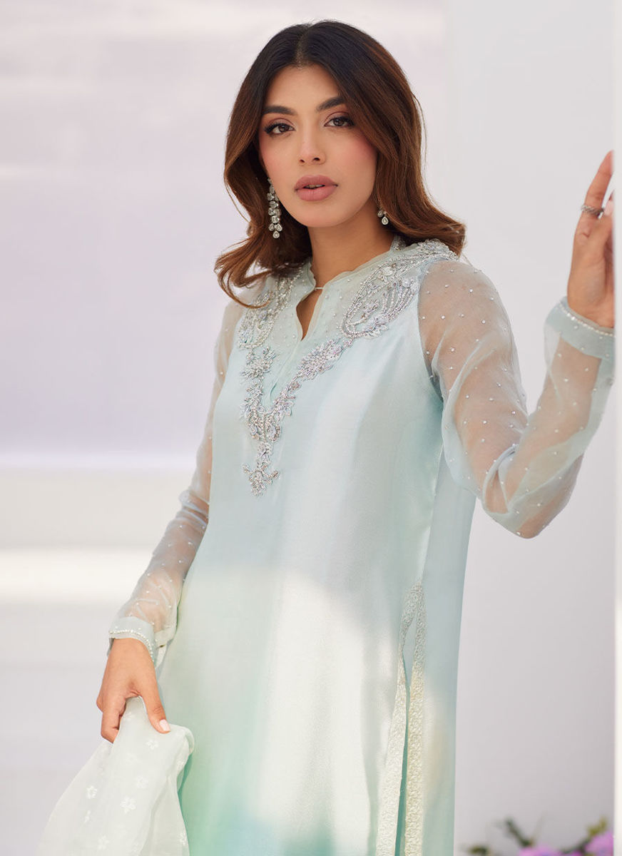 Solene Aqua Ombre Embellished Column Shirt With Embroidered Kalidaar Slip