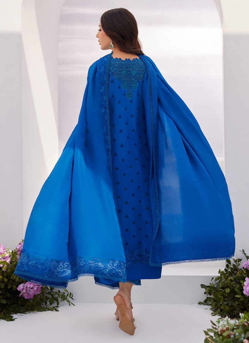 Charr Blue Embroidered Raw Silk Shirt And Dupatta