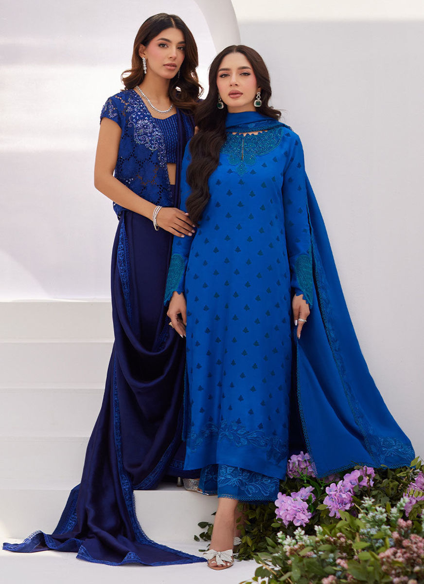 Charr Blue Embroidered Raw Silk Shirt And Dupatta